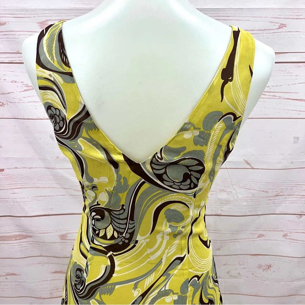 Vintage BCBG Maxazria Y2K Chartreuse Psychedelic Paisley Silk Art Deco Dress